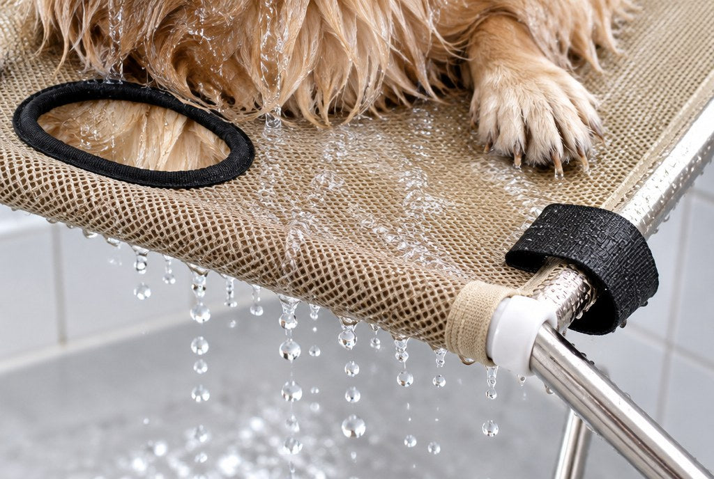 Water draining straight through the quick-dry mesh bed beneath wet paws