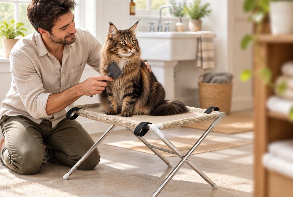 A man brushing a long-haired cat sitting on the mesh grooming rack