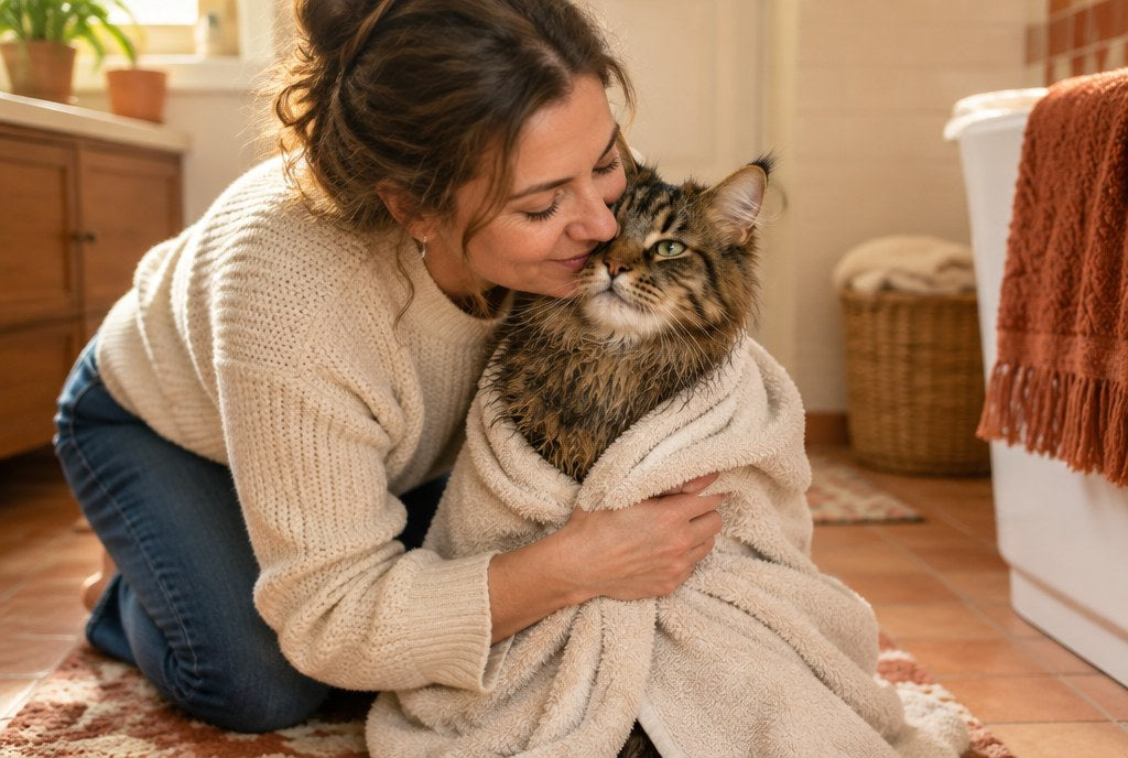 A woman wrapping a damp long-haired cat in a towel