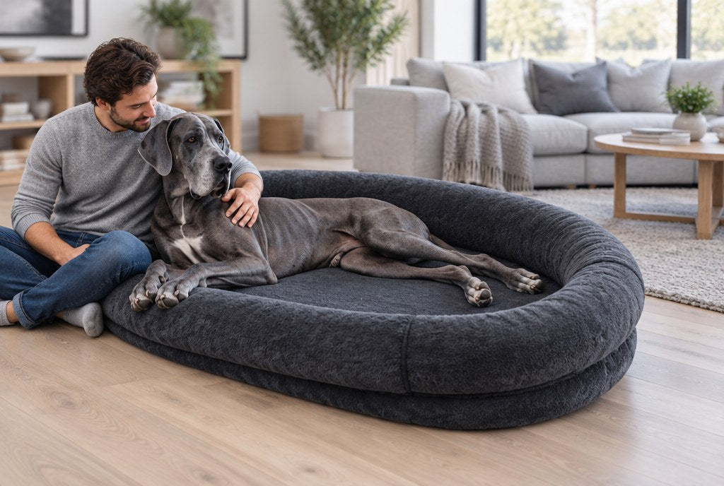 A Great Dane stretched out on the oversized bed with its owner beside it