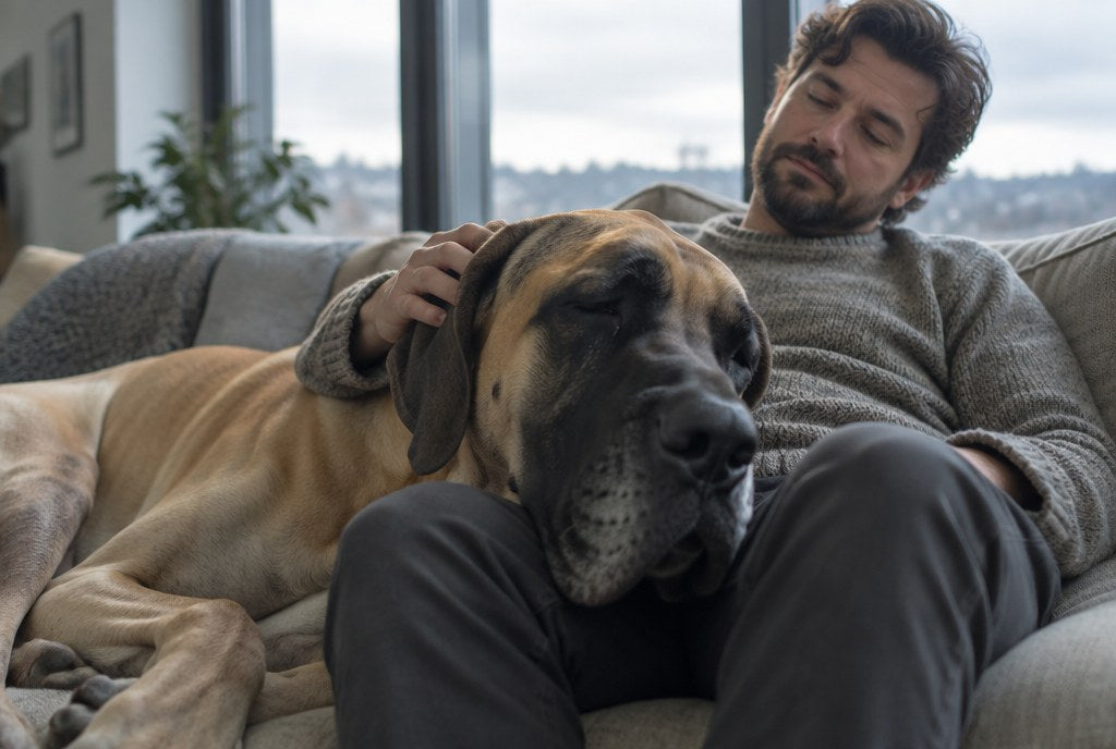 A man on a sofa with a Great Dane's head across his knees