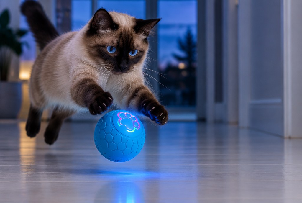 A Siamese cat leaping after the glowing bouncing ball in a hallway