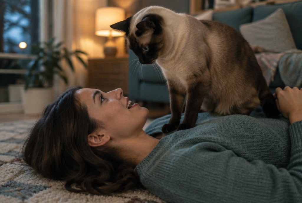 A woman lying on a rug with a Siamese cat standing on her chest