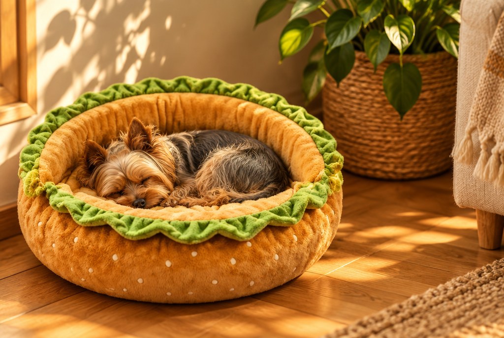 A Yorkshire Terrier curled asleep in the burger-shaped plush bed
