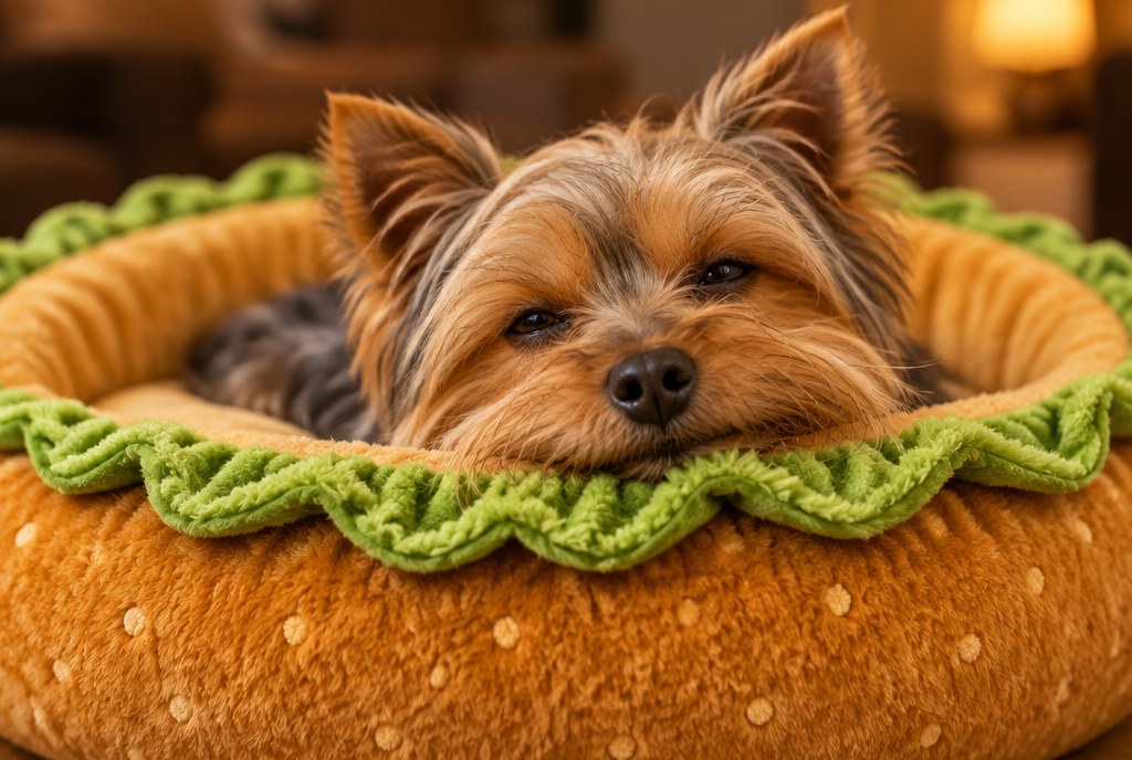 A Yorkshire Terrier resting its chin on the raised lettuce-style rim