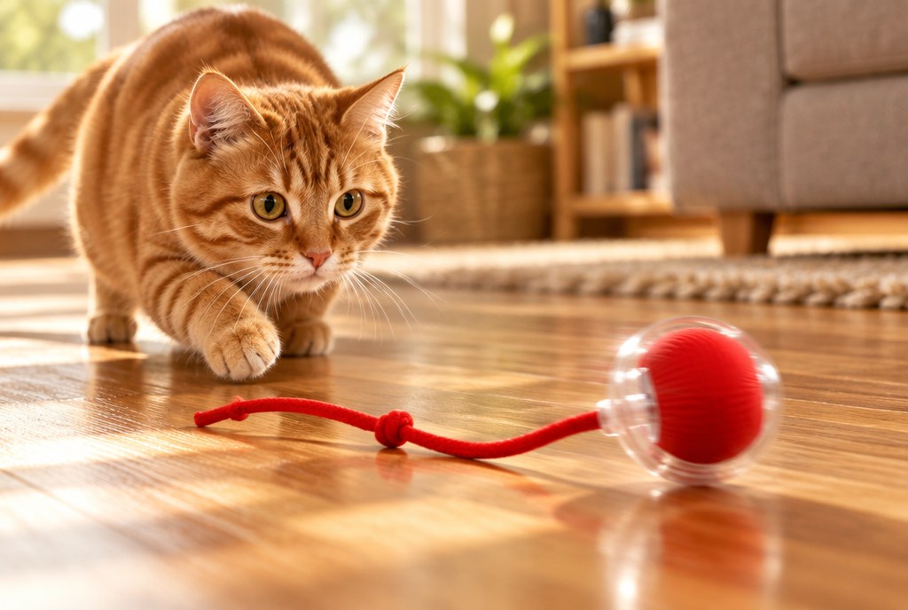 A ginger tabby cat stalking the rope-tail self-moving ball on a wooden floor