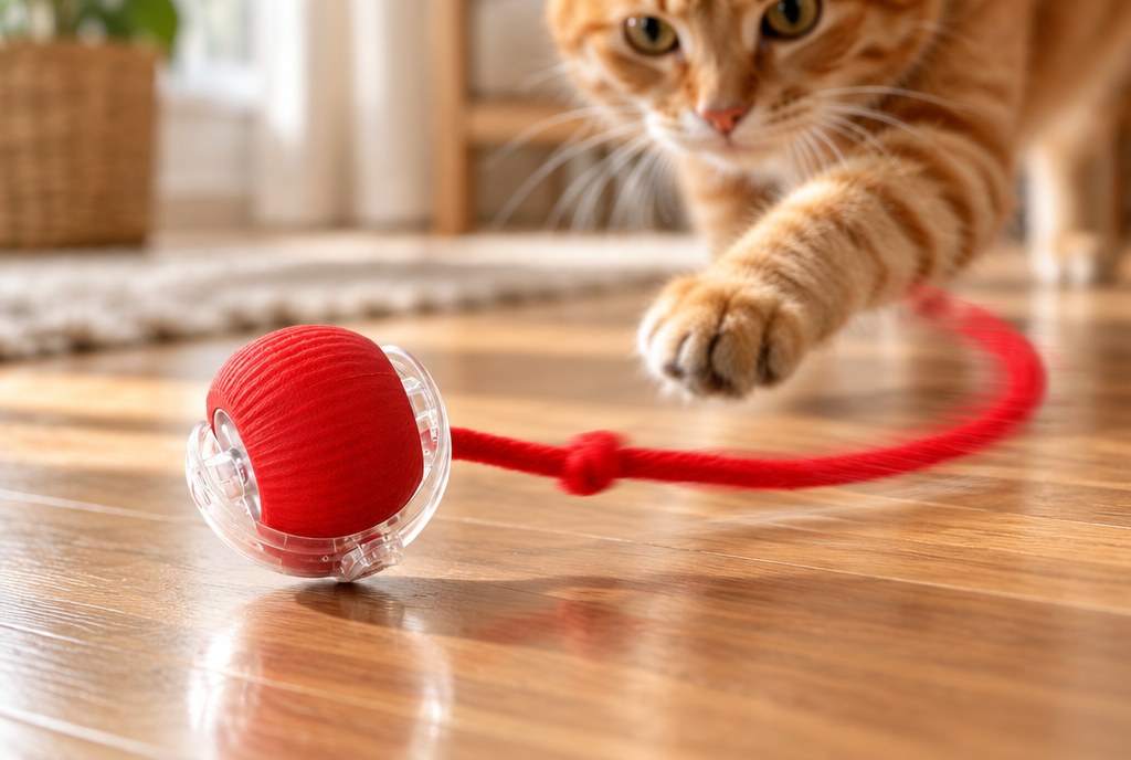 The ball changing direction with its rope tail whipping round and a paw reaching in