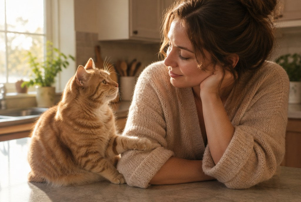 A ginger tabby cat resting a paw on its owner's forearm