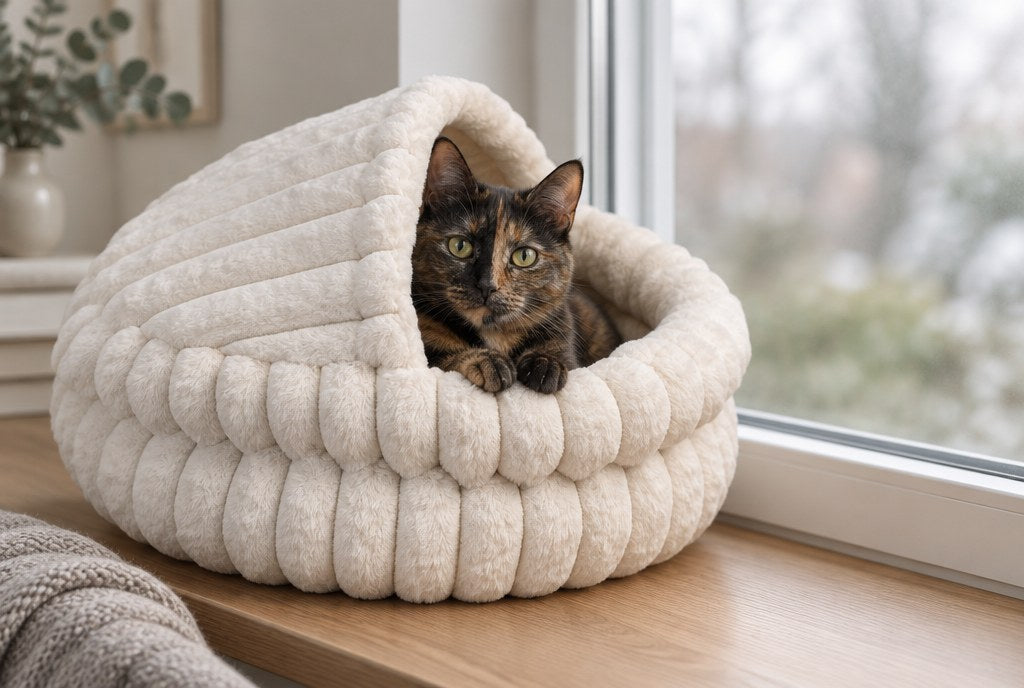 A tortoiseshell cat tucked inside the hooded plush cave on a windowsill