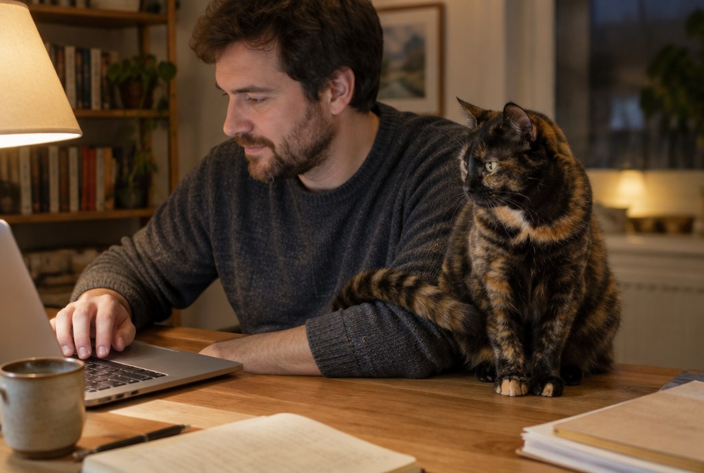 A tortoiseshell cat sitting on a desk beside a man working