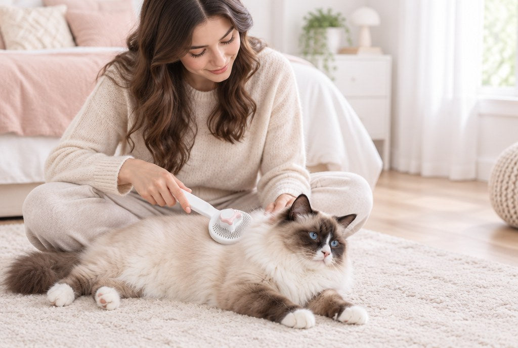 A woman brushing a Ragdoll cat with the round cat-ear slicker brush