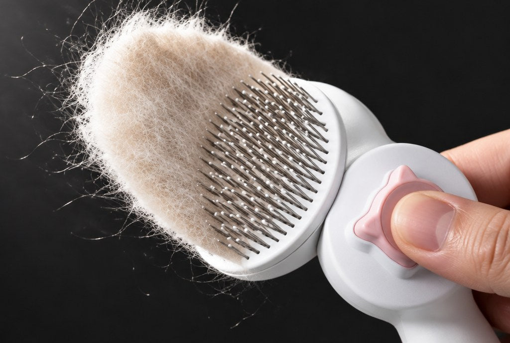 A pad of collected undercoat lifting off the pins as the cat-ear button is pressed