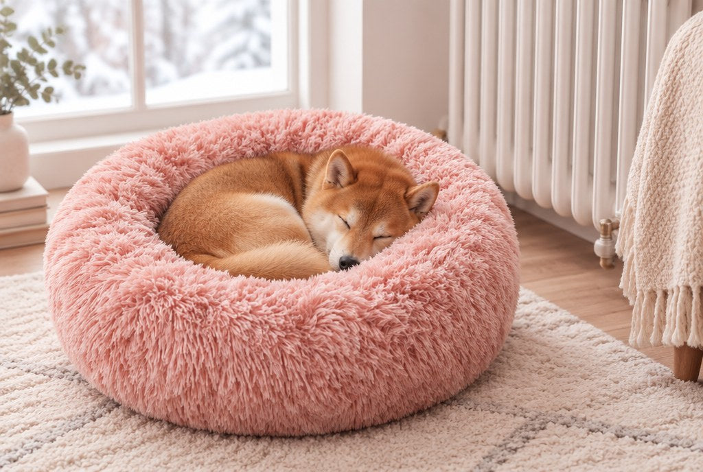 A Shiba Inu curled asleep in the pink long-fur donut bed