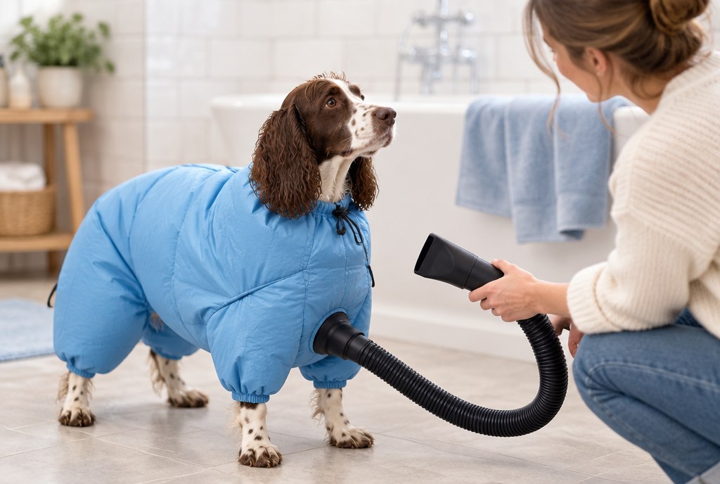 A Springer Spaniel standing in the blue drying bag with the dryer hose attached