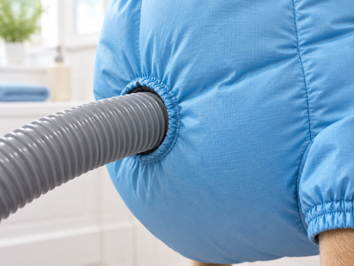 Close view of the hose opening on the side of the drying bag
