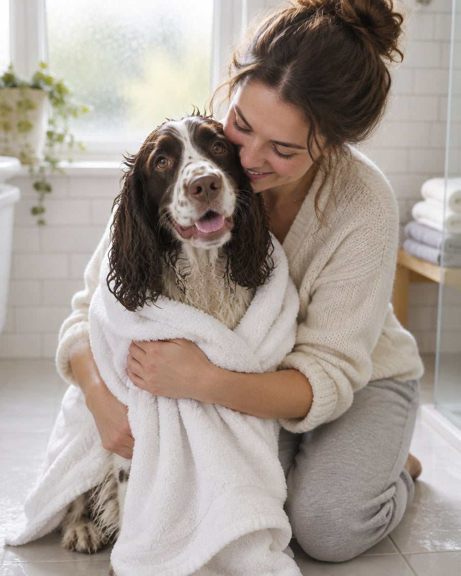 A pet parent towelling a damp spaniel after a bath
