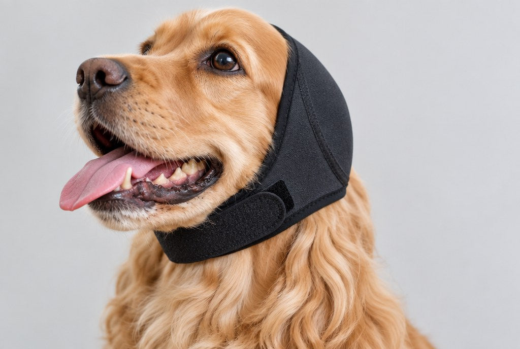 Profile view of the ear wrap holding a spaniel's ears flat, chin strap visible