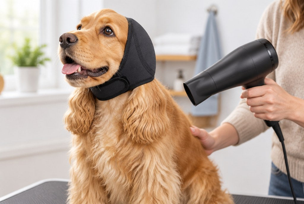 A Cocker Spaniel wearing the ear wrap while being blow-dried