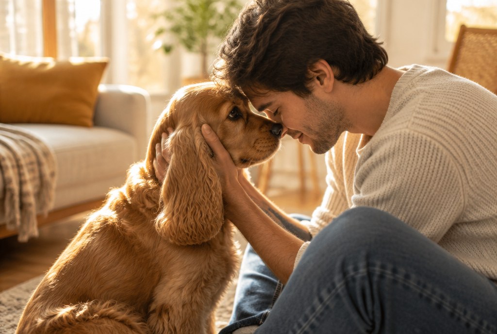 A man holding a Cocker Spaniel's face in both hands