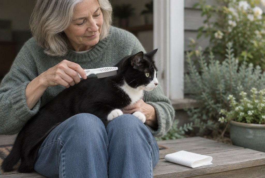 A woman combing a tuxedo cat's neck with the fine flea comb on a doorstep