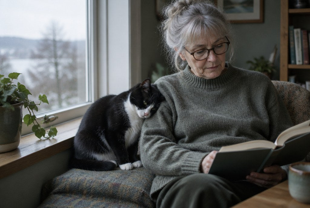 A tuxedo cat pressed against its owner's arm on a windowsill