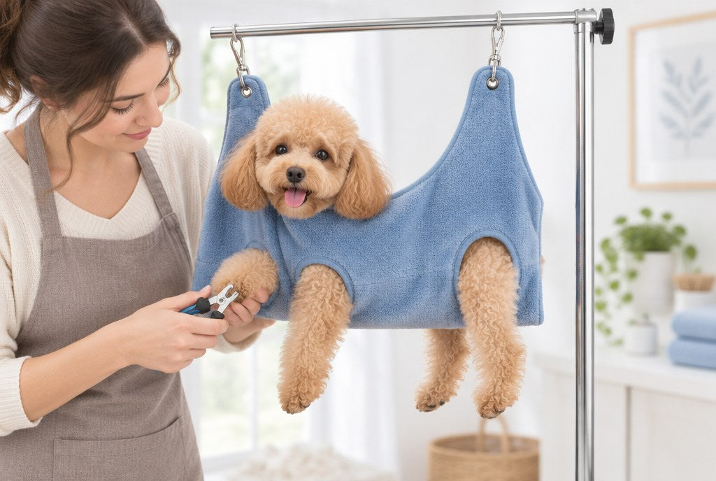 A Toy Poodle supported in the blue fleece grooming hammock while a nail is trimmed