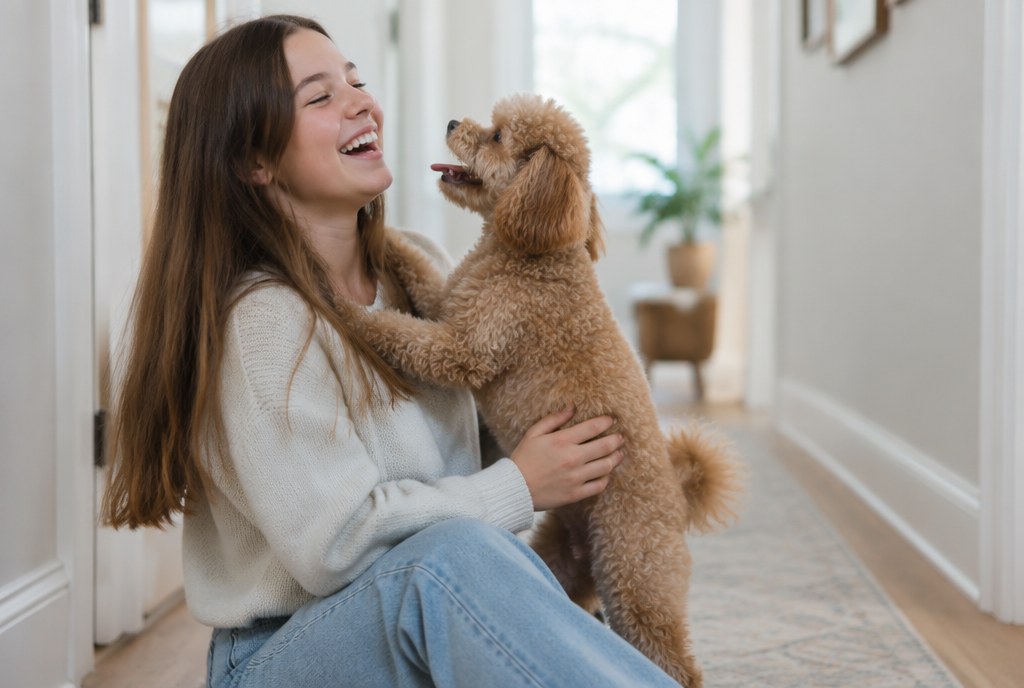 A girl laughing with an apricot Toy Poodle in a bright hallway