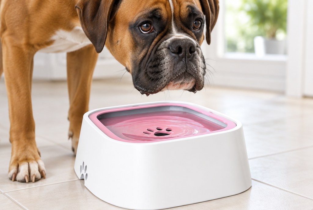 A Boxer lifting its head from the bowl with only a lightly damp chin and no puddle
