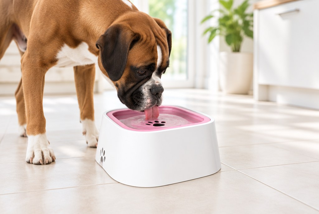 A Boxer drinking from the floating water bowl on a dry kitchen floor