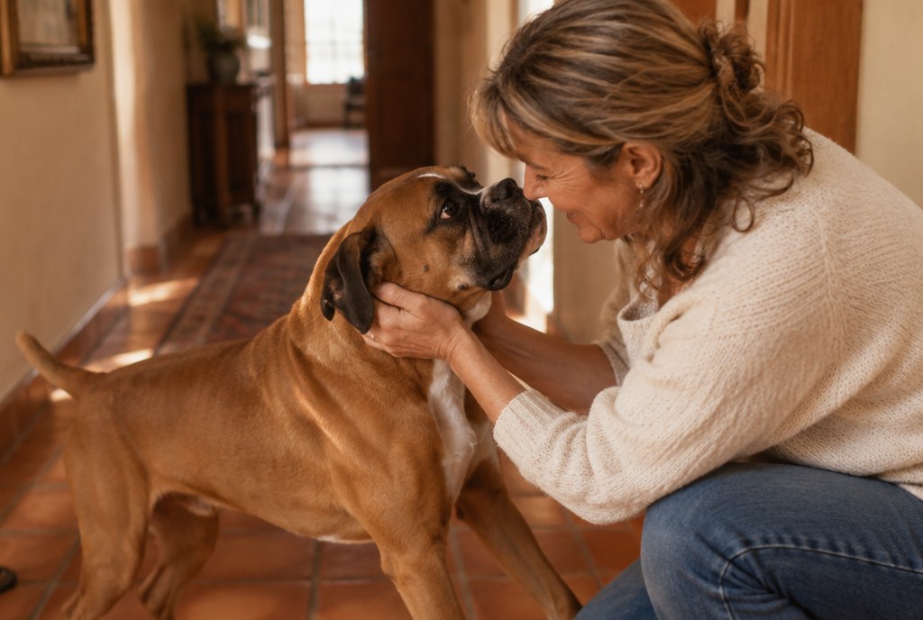 A woman holding a Boxer's face in both hands in a hallway
