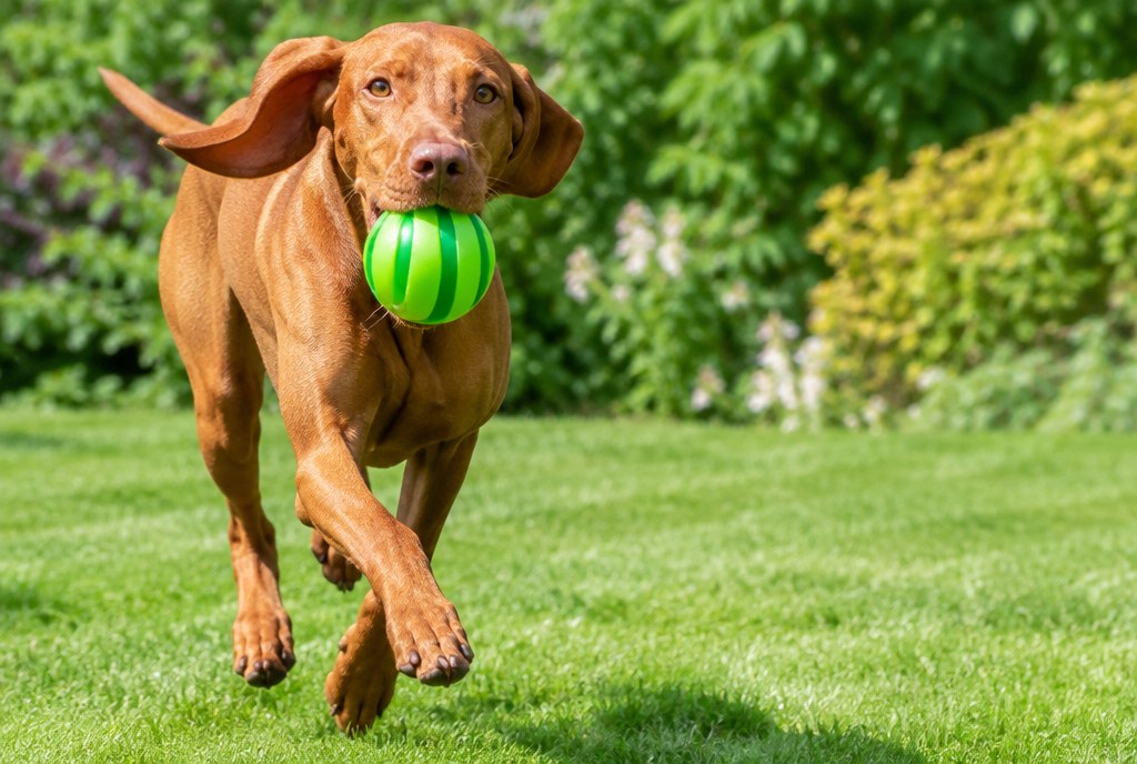 A Vizsla running across a lawn carrying the green giggle ball