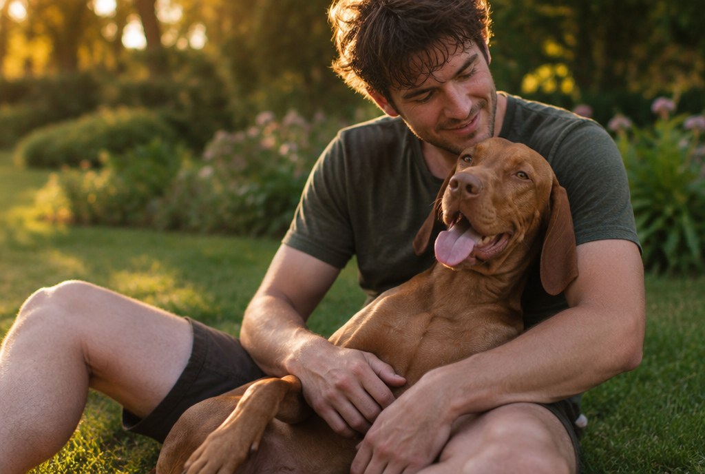 A man sitting on the grass with a Vizsla flopped against his chest