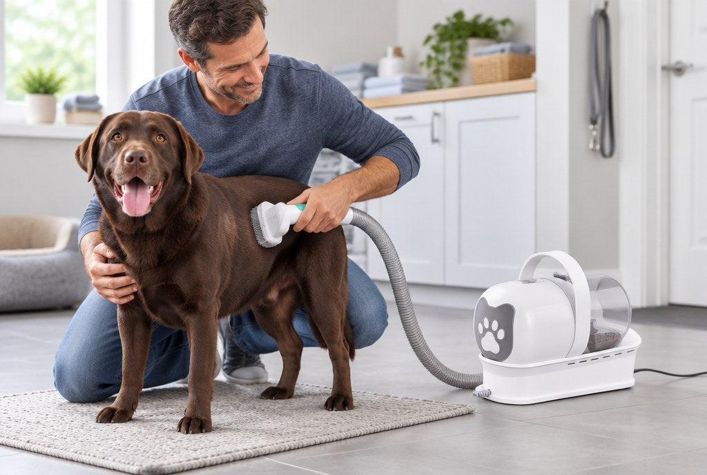 A man grooming a chocolate Labrador with the vacuum brush attachment