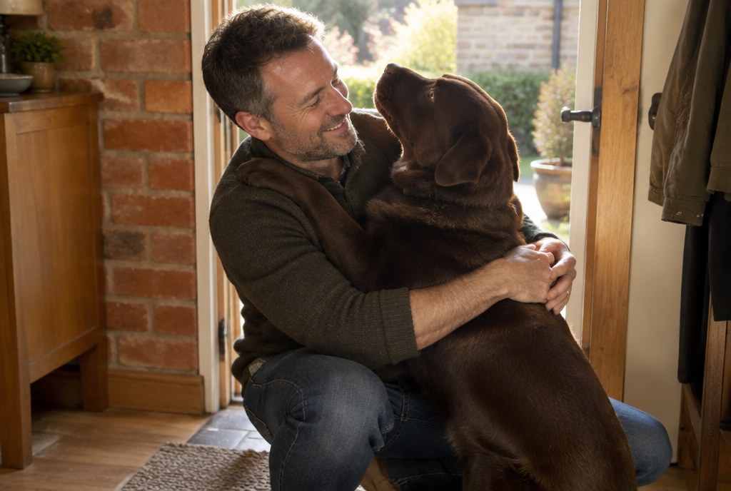 A man in a doorway with a chocolate Labrador leaning into him