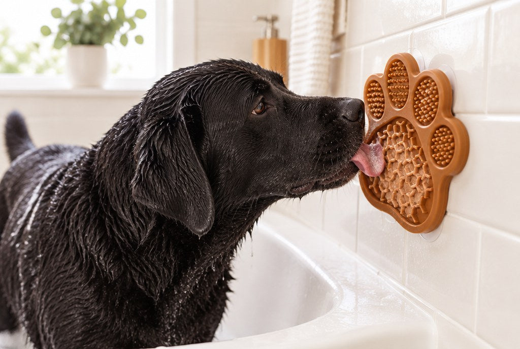 A black Labrador licking the paw-shaped mat suction-cupped to a bathroom wall