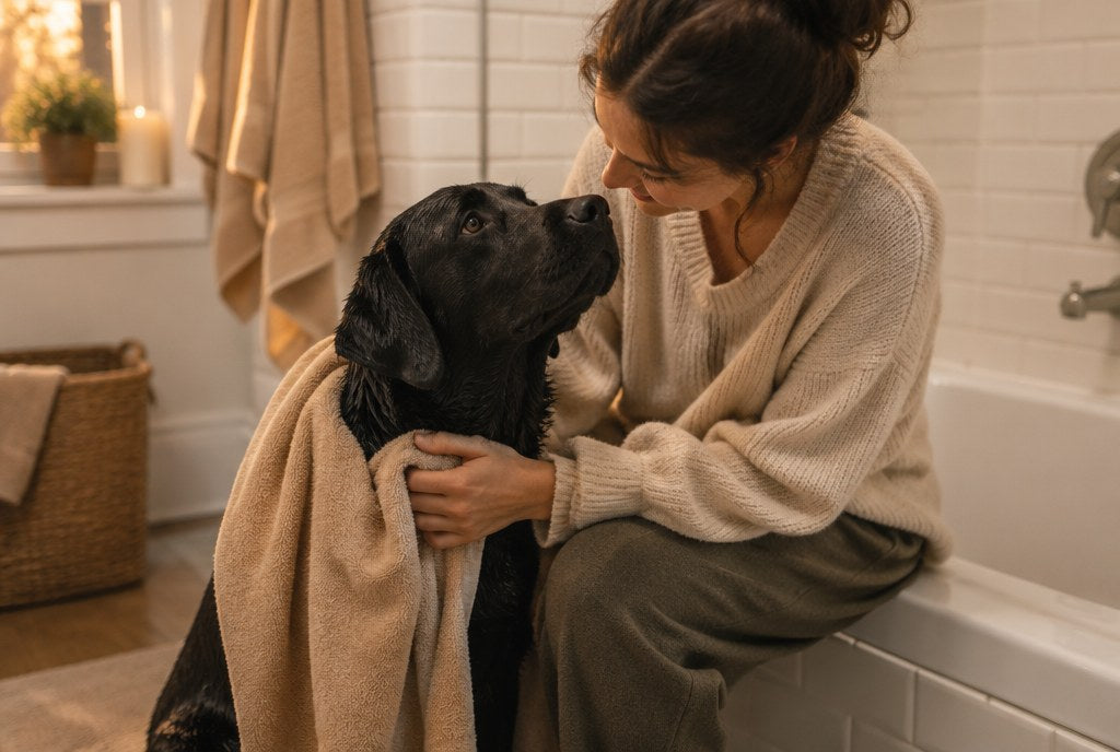 A woman towelling a black Labrador on the edge of a bath