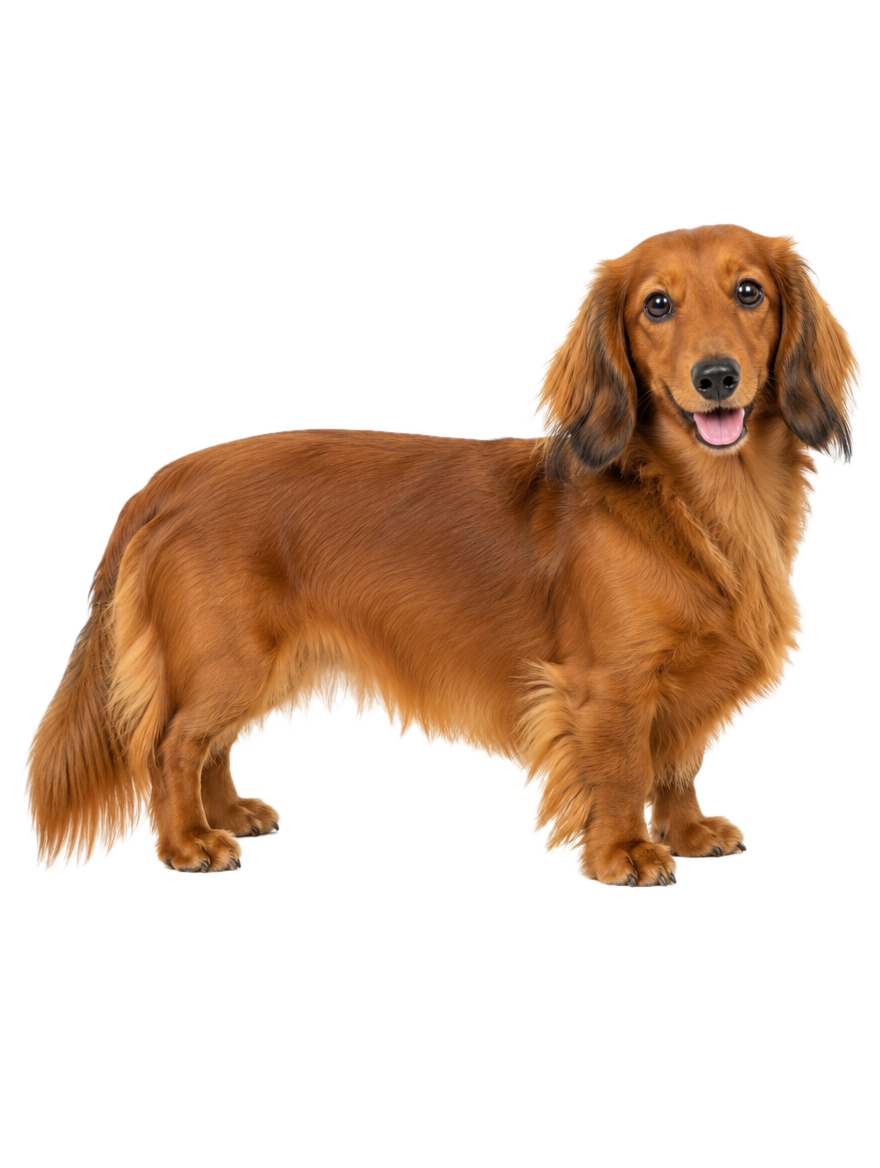 Long-haired Dachshund standing, cut out on a transparent background