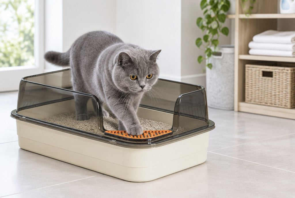 A British Shorthair stepping into the high-sided litter box over its low front