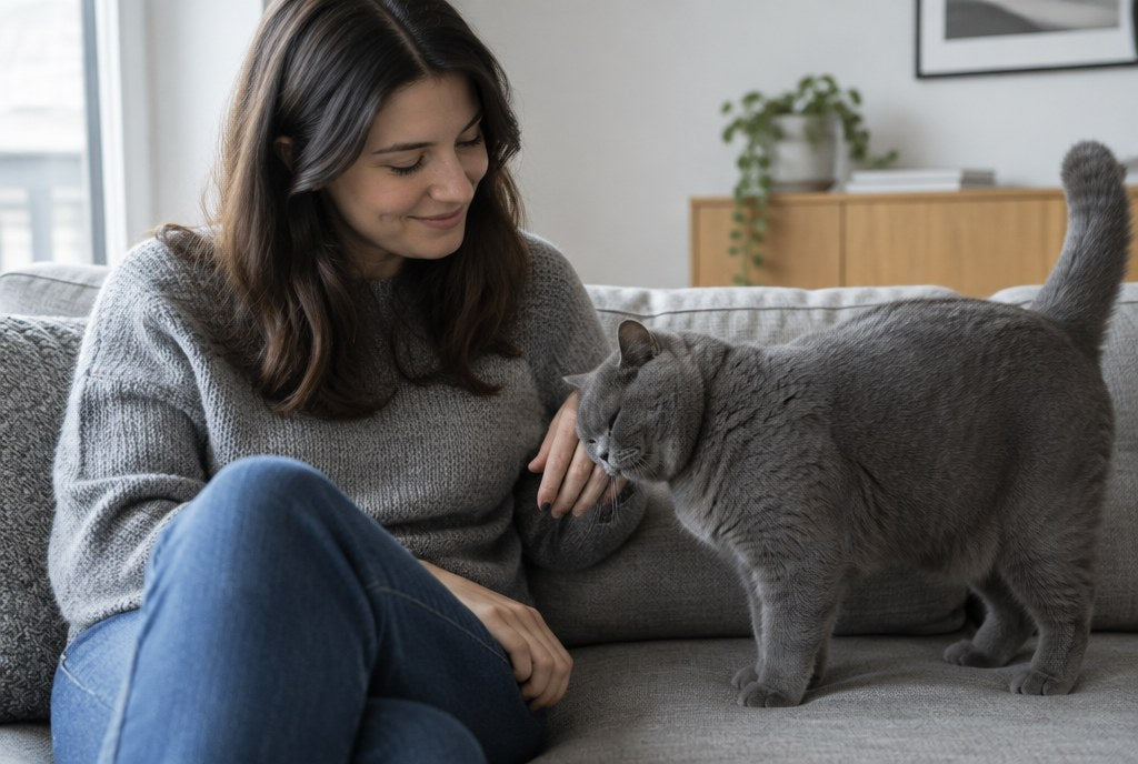 A woman on a sofa with a British Shorthair headbutting her hand