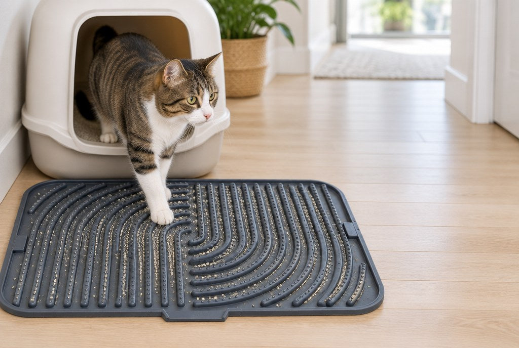 A cat stepping out of a litter box onto the grooved silicone mat