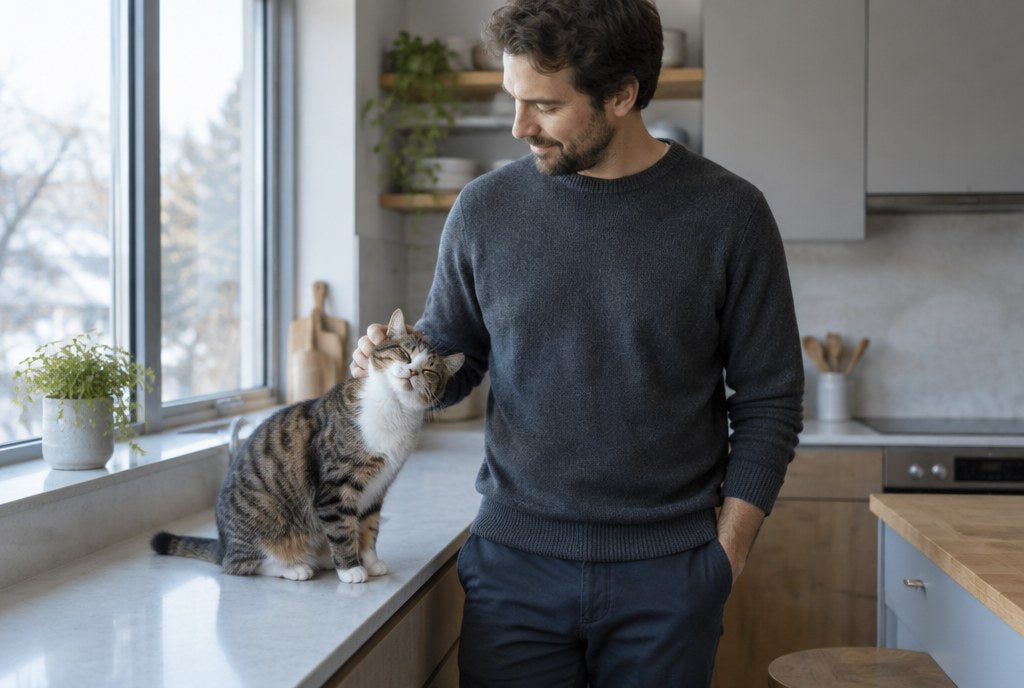 A man in a kitchen with a tabby cat rubbing against his hand