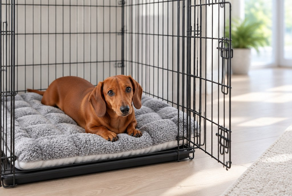 A Dachshund lying on the tufted plush mat inside an open crate