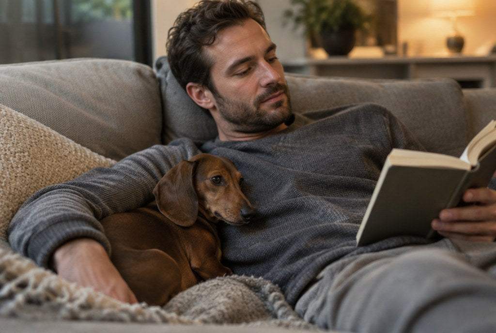 A man reading on a sofa with a Dachshund tucked under his arm