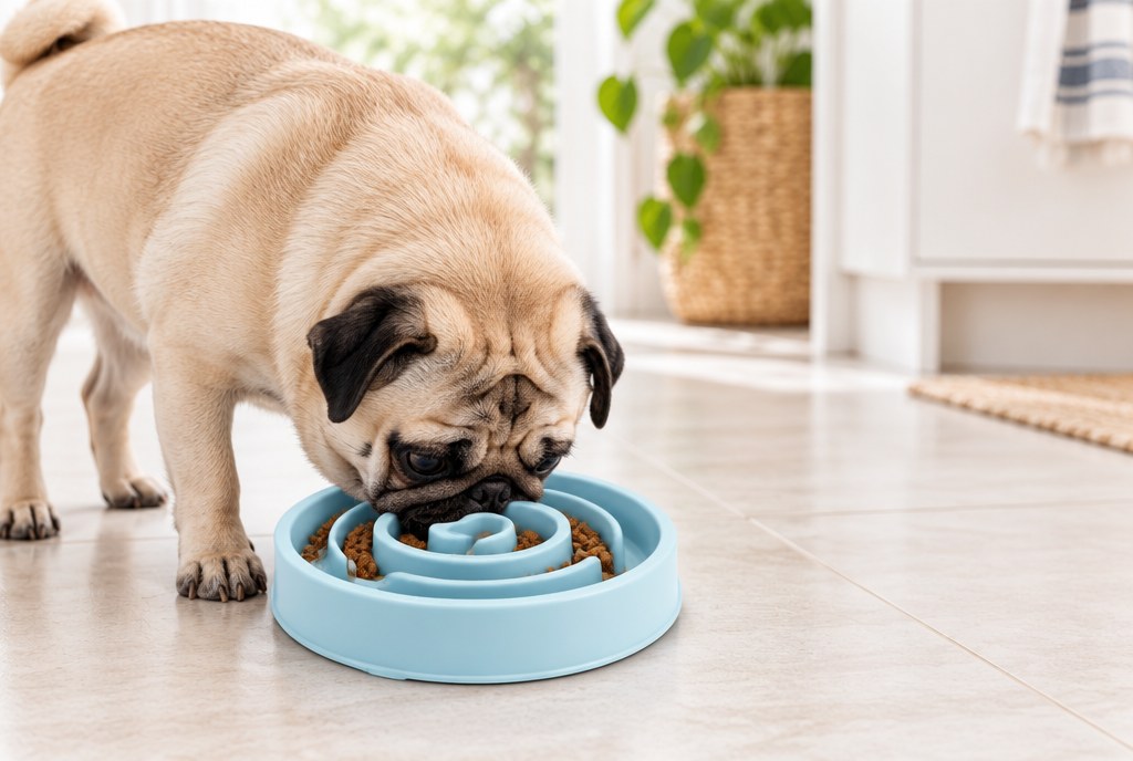A Pug eating from the maze slow feeder bowl on a kitchen floor