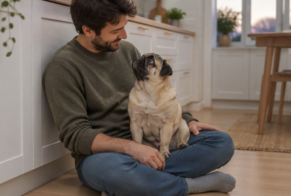 A man sitting on a kitchen floor with a Pug on his lap