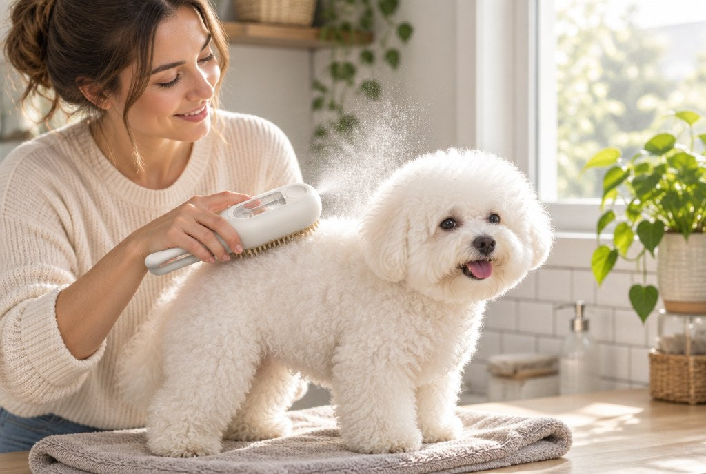 A woman brushing a Bichon Frise with the mist grooming brush in a sunlit kitchen