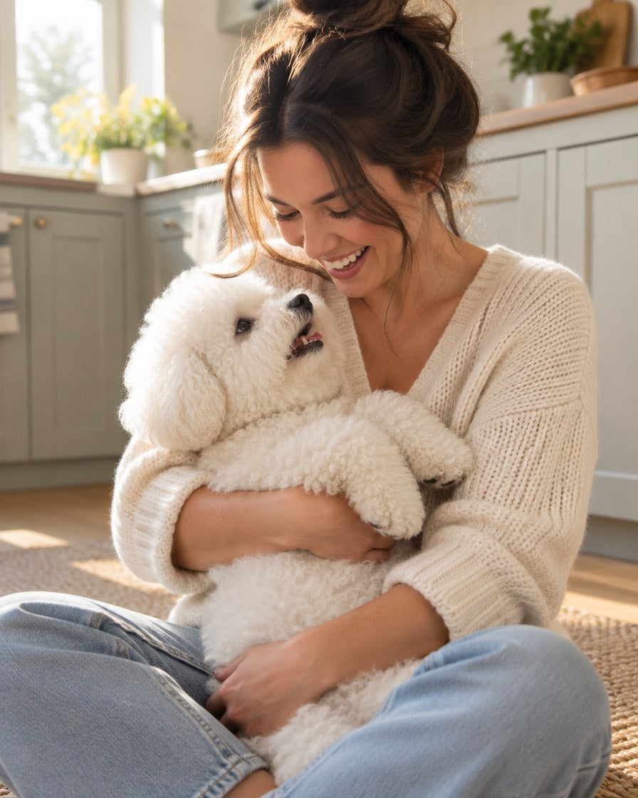 A pet parent sitting with a small white dog on her lap