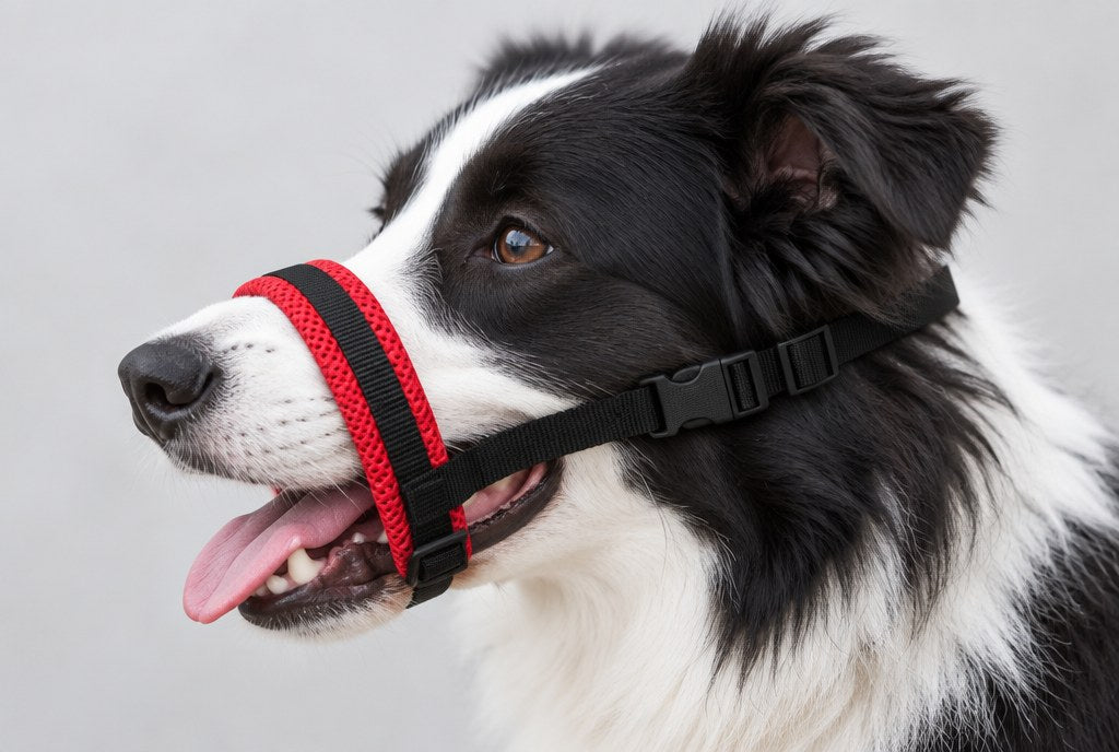 Profile of the muzzle in place, well below the eyes, with the dog panting comfortably