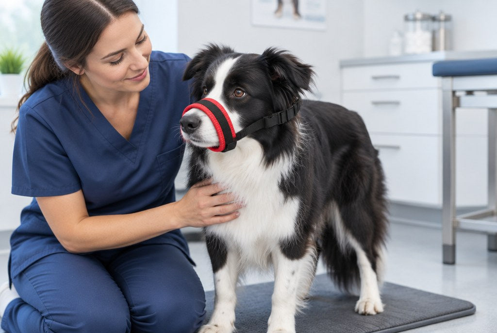 A relaxed Border Collie wearing the padded muzzle during a supervised examination