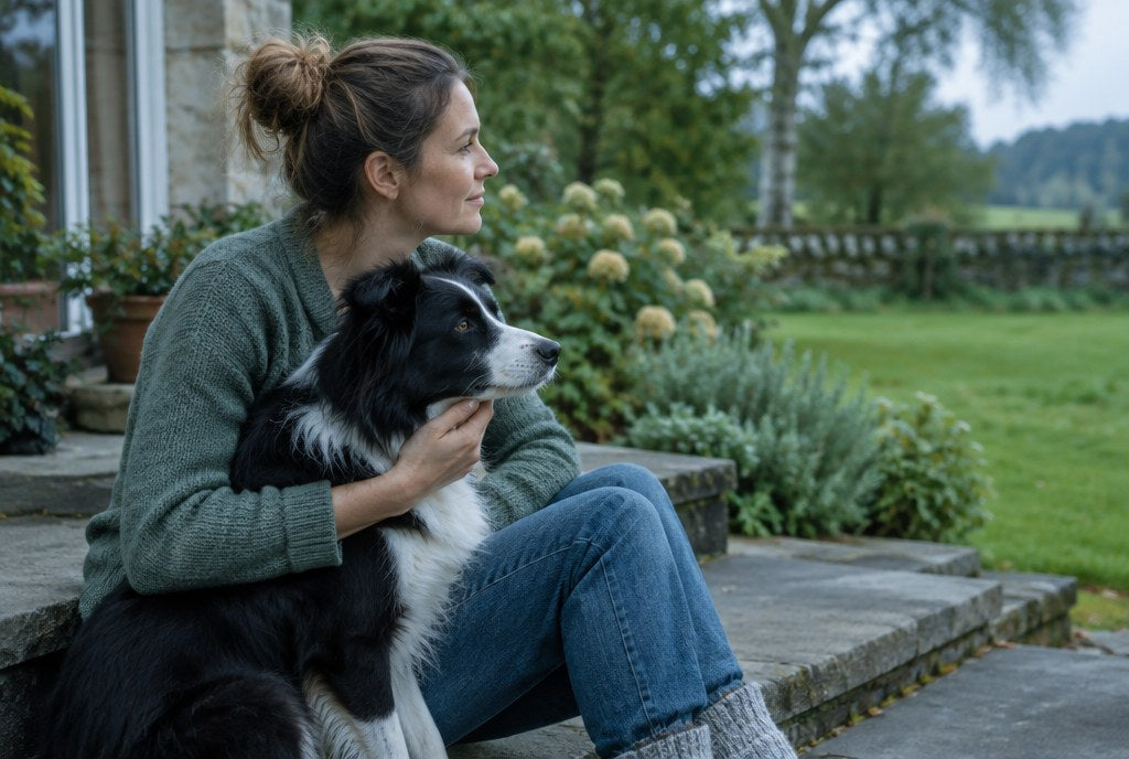 A woman sitting on a back step with a Border Collie against her side